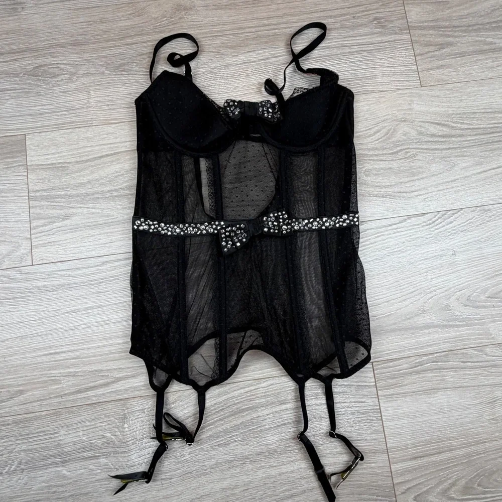 Victoria's Secret Black Sheer Rhinestone Bow Corset Bustier Garter Lingerie Sz M